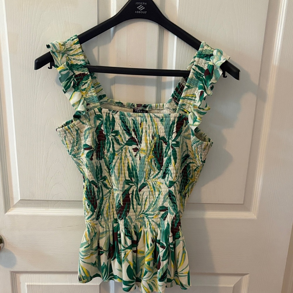 torrid Green and White Tropical Smocked Ruffle Strap Top
